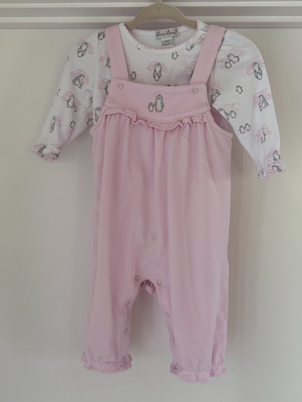 Kissy Kissy Pink Penguin Embroidered Layered Jumper Romper Pima 3-6M